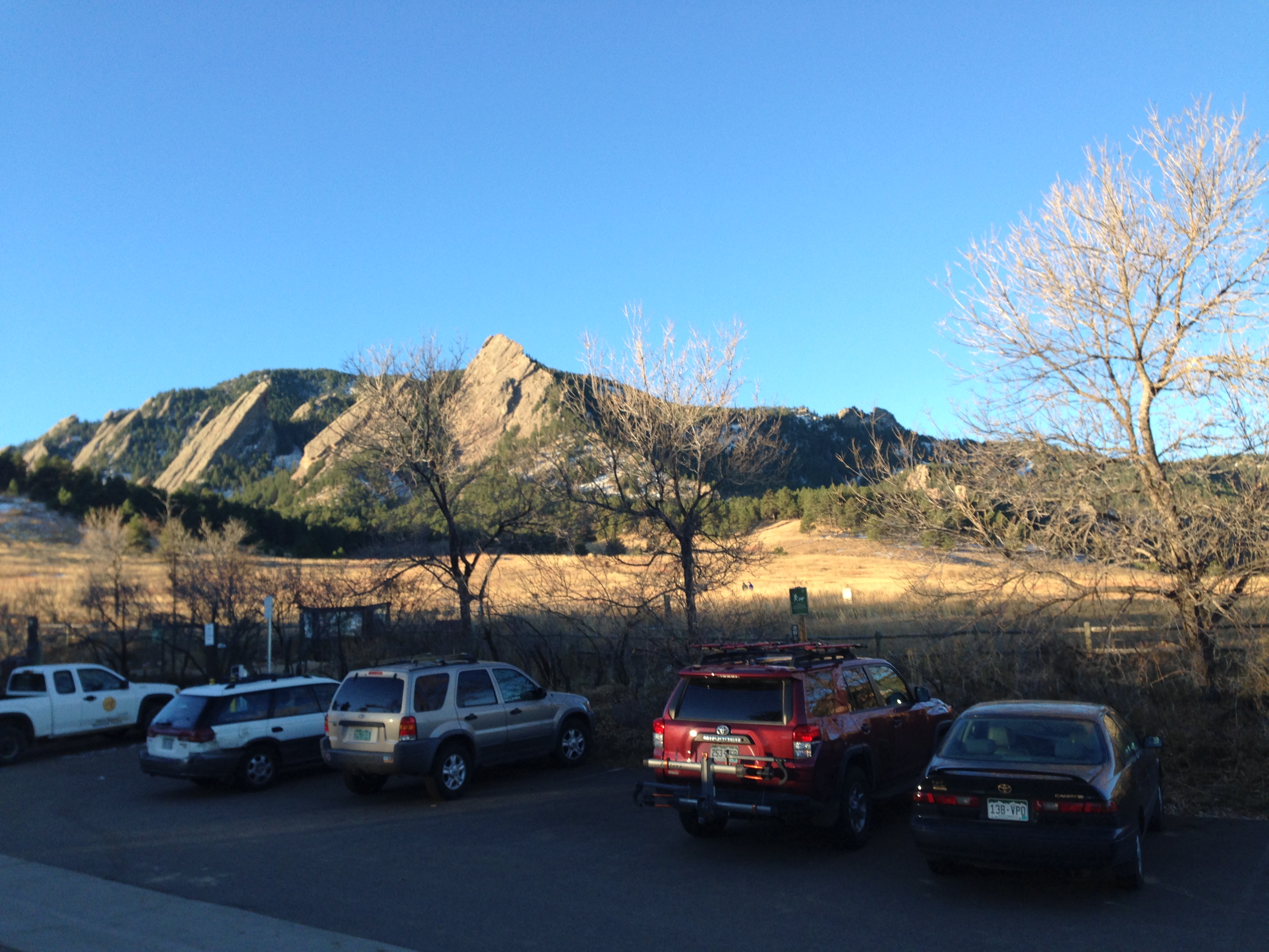 Morning view of The Flatirons from Chautauqua Park in Boulder, CO
